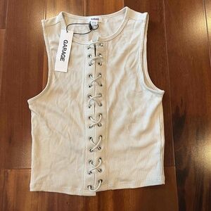 New NWT GARAGE Ribbed Lace Up Muscle Tank Top Haut Pebble Gray Sleeveless‎ Sz XS